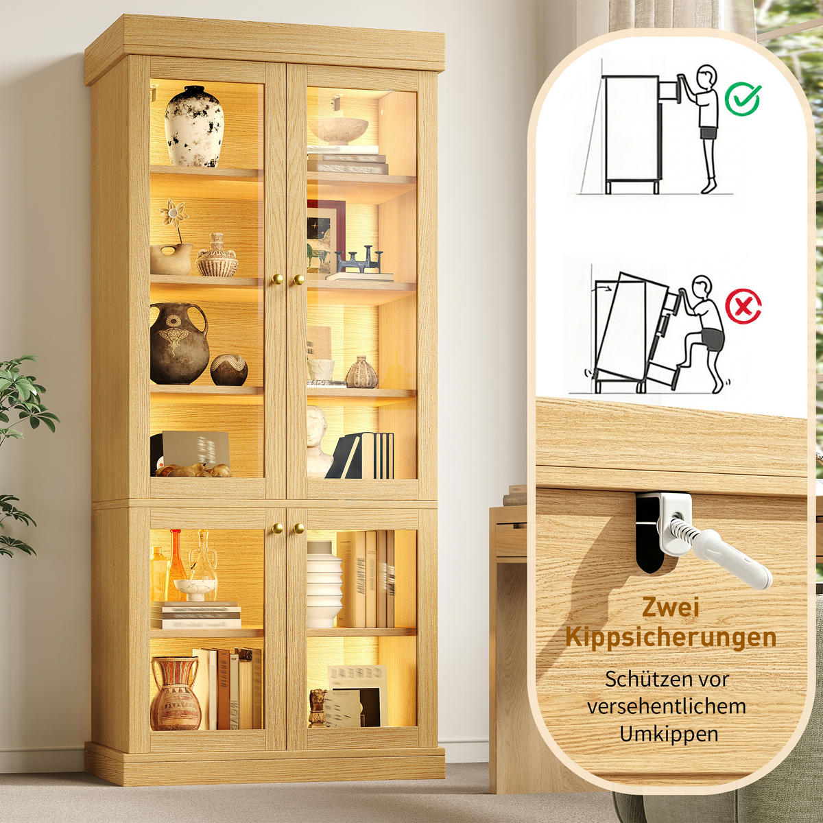 VITRINE LED Glasfront Naturbraun - Naturfarben, Glas (80/180/40cm) - FLIEKS