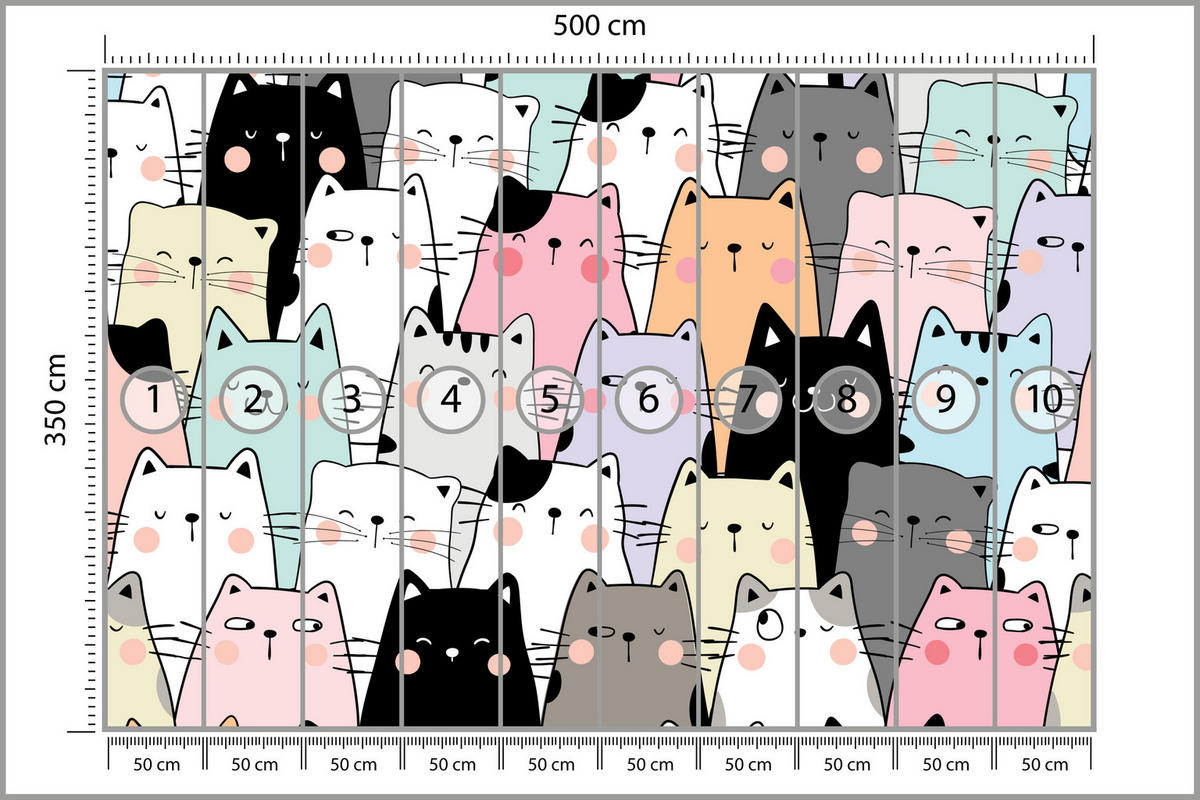 FOTOTAPETE für Kinderzimmer Bunte Katzen Cartoon Abstraktion 500x350 - Blau/Gelb, Papier (500/350cm) - Muralo