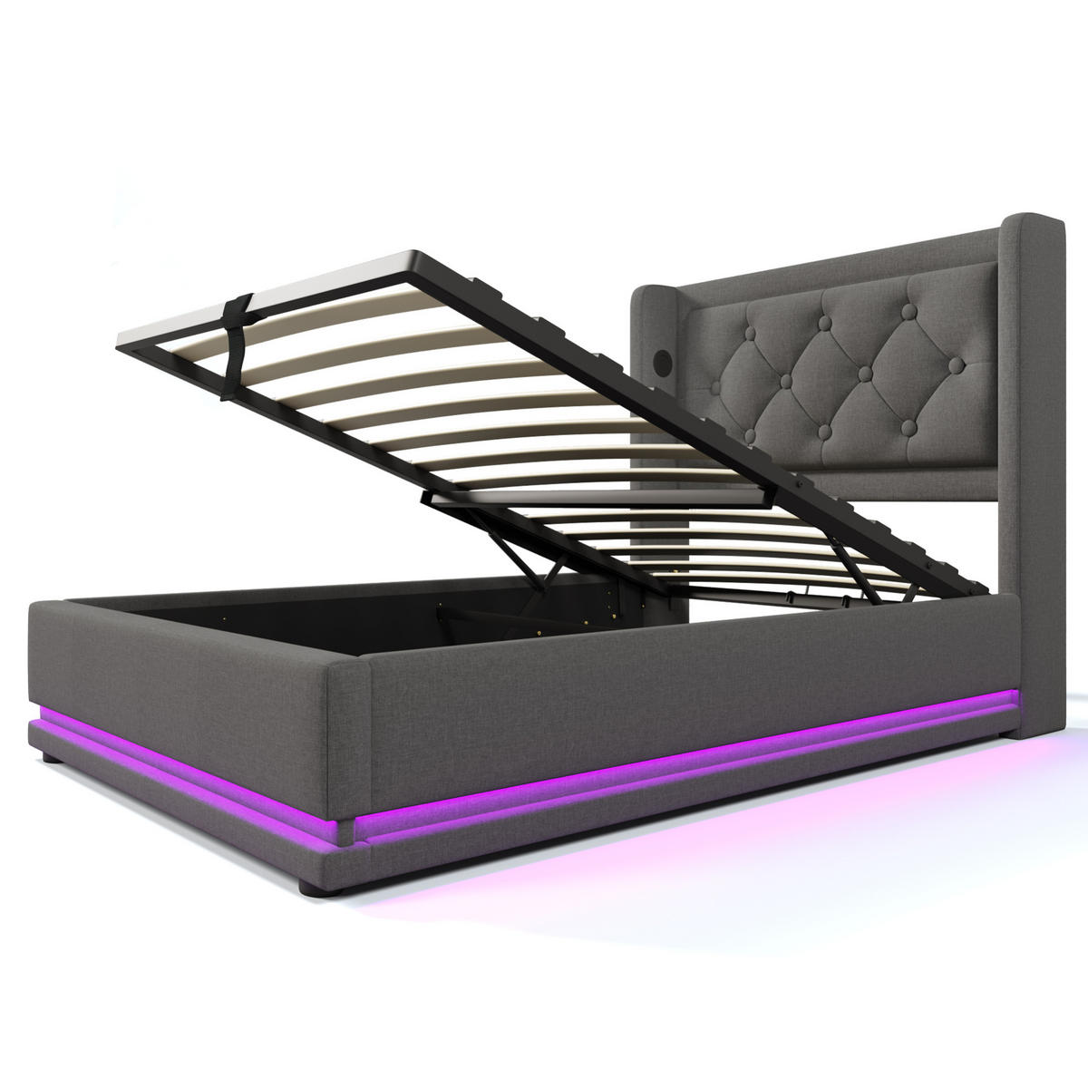 BETT mit Stauraum, USB & LED 90x200 cm Baumwolle Grau inkl. Matratze - Grau, Metall (90/200cm) - Meubliv