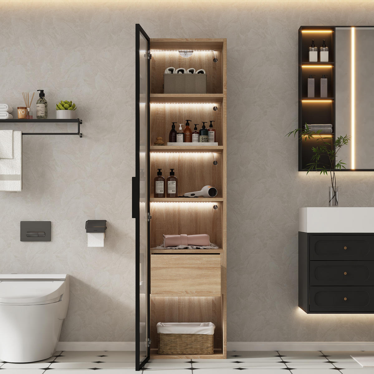 VITRINENSCHRANK in Holzoptik 40/34.5/165 cm - Braun, Glas/Holzwerkstoff (34.5/165/40cm) - Urban Meuble