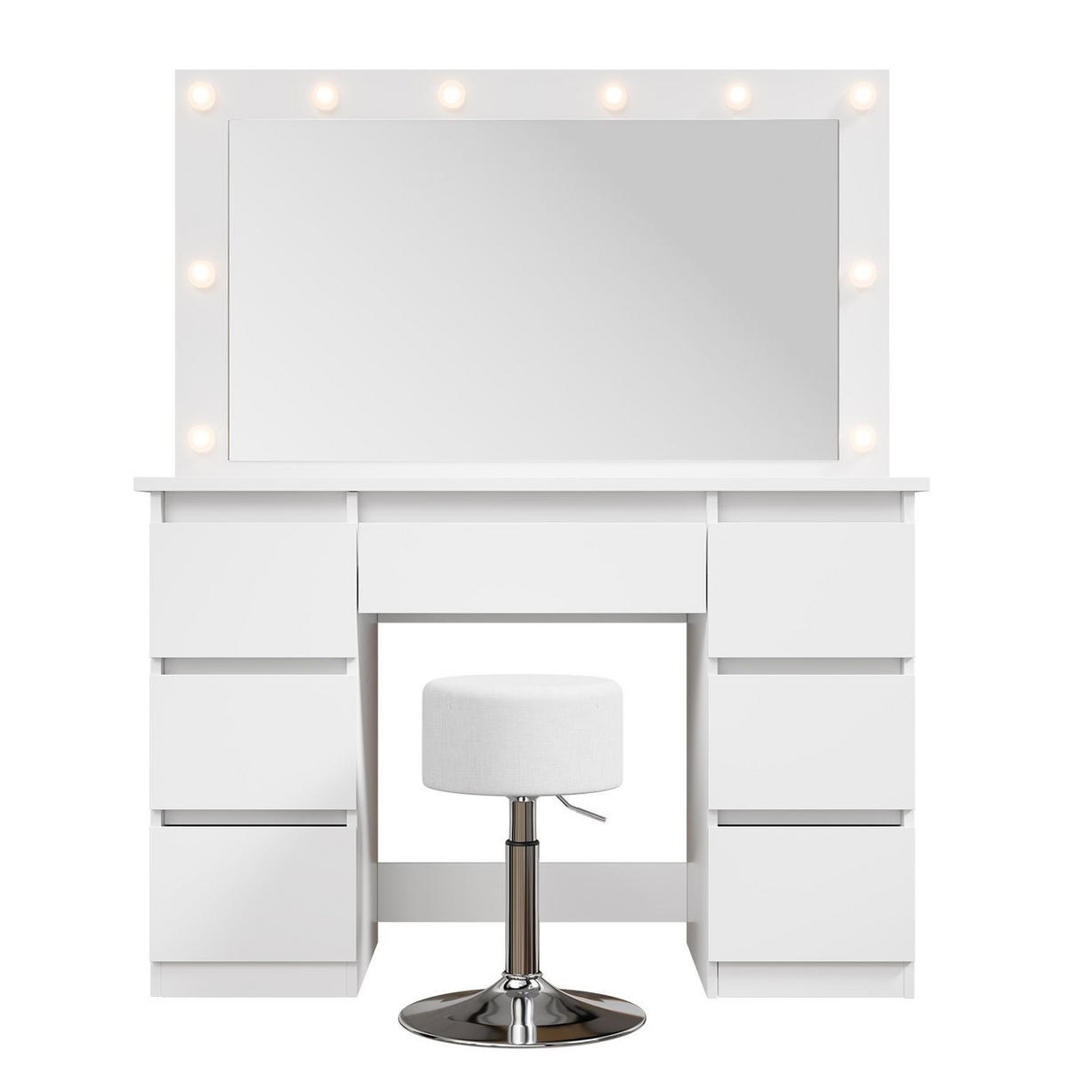 SCHMINKTISCH Lilia weiß mit LED-Beleuchtung und Hocker Tonia - Weiß, Holz (108/140/41cm) - Juskys