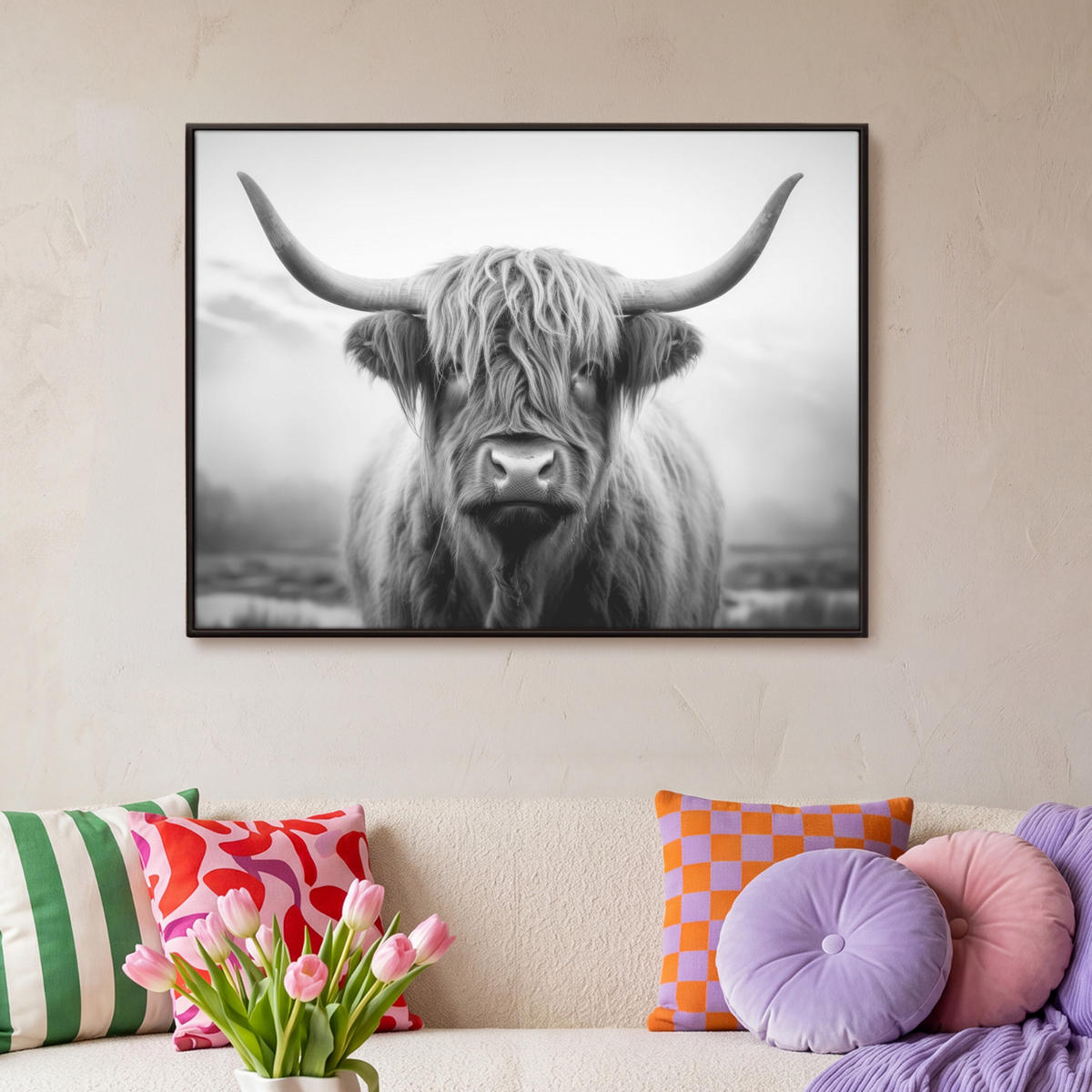 LEINWAND Bilder mit Rahmen - Schottischer Highlander - Nebel - Schwarz - Weiß - 100x70 - Grau, Textil (100/70cm) - MuchoWow