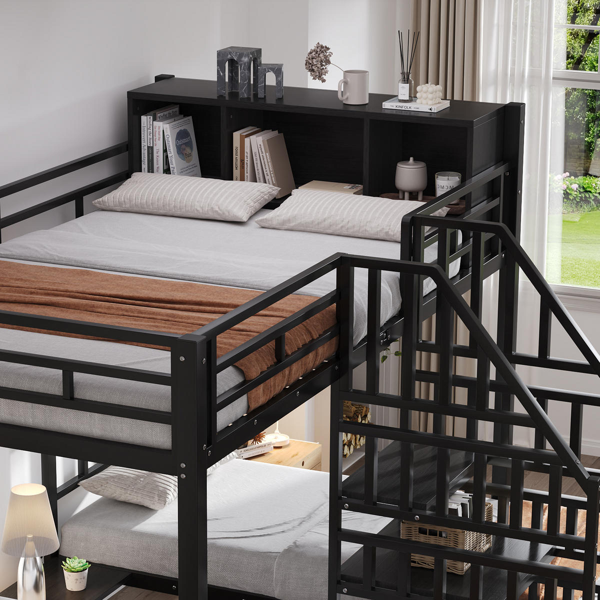 ETAGENBETT 90/200 cm & 140/200 cm in Schwarz mit Stauraum und Treppe - Schwarz, Metall (140/200cm) - CHICFURN