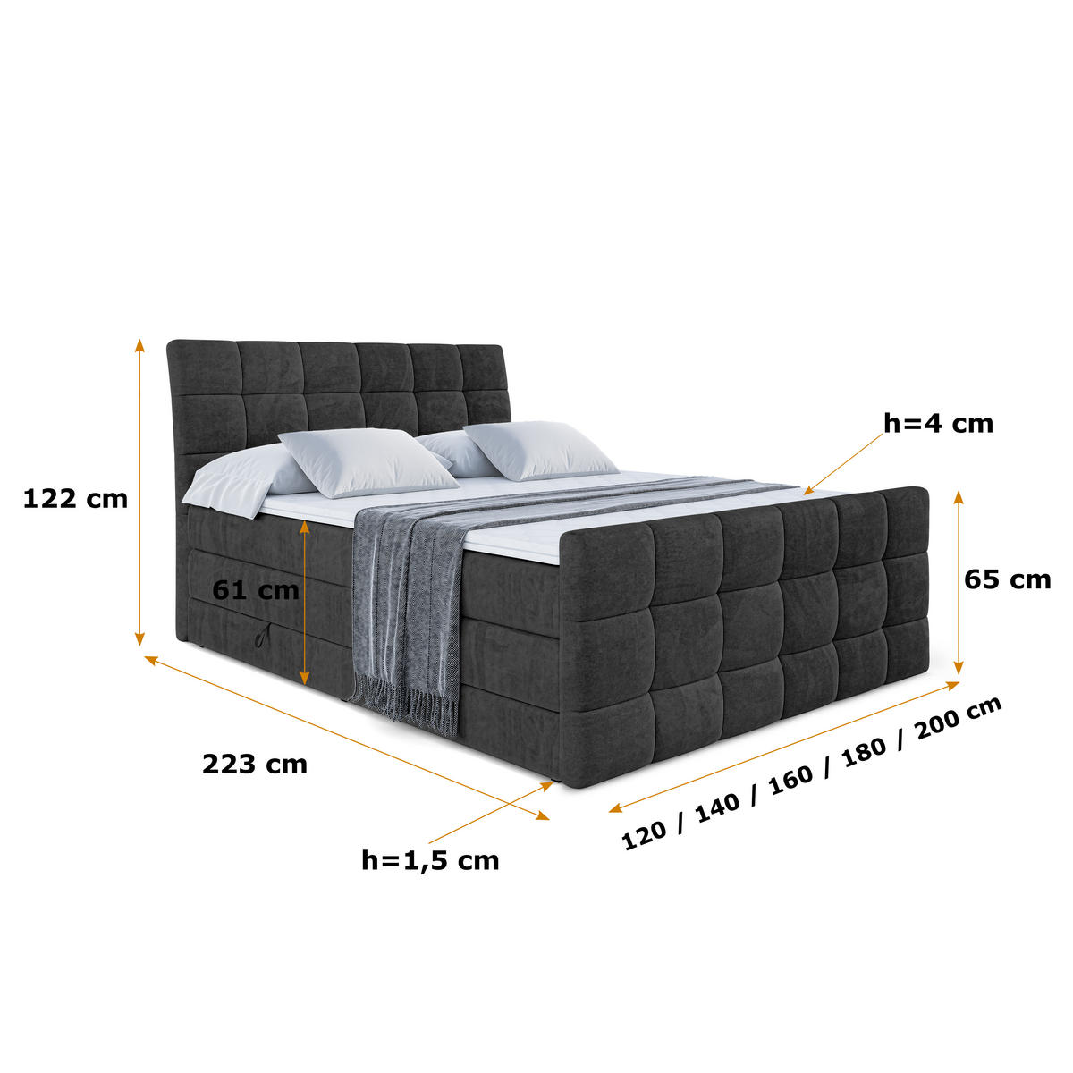BOXSPRINGBETT BRUGO-Z KING - 160 x 200 - H3/H4 - Schwarz - Schwarz, Holzwerkstoff (160/200cm) - ALTDECOR