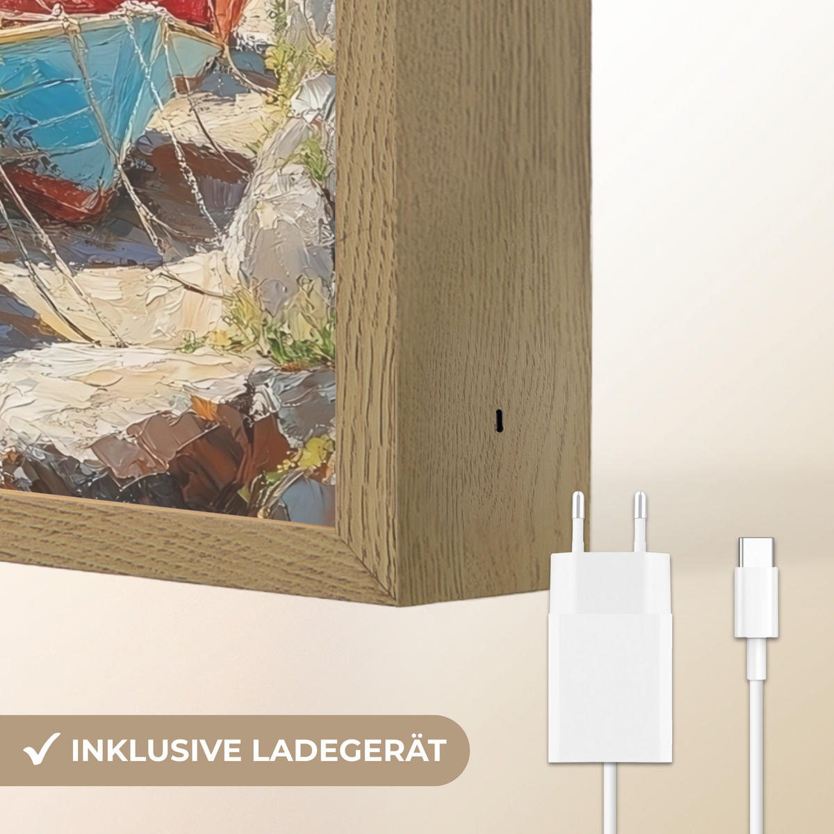 NÁSTĚNNÁ LAMPA S AKUMULÁTOREM Lodě - skály - moře - slunce 30x40 cm - modrá, kompozitní dřevo (30/40/8cm) - OnlyWow