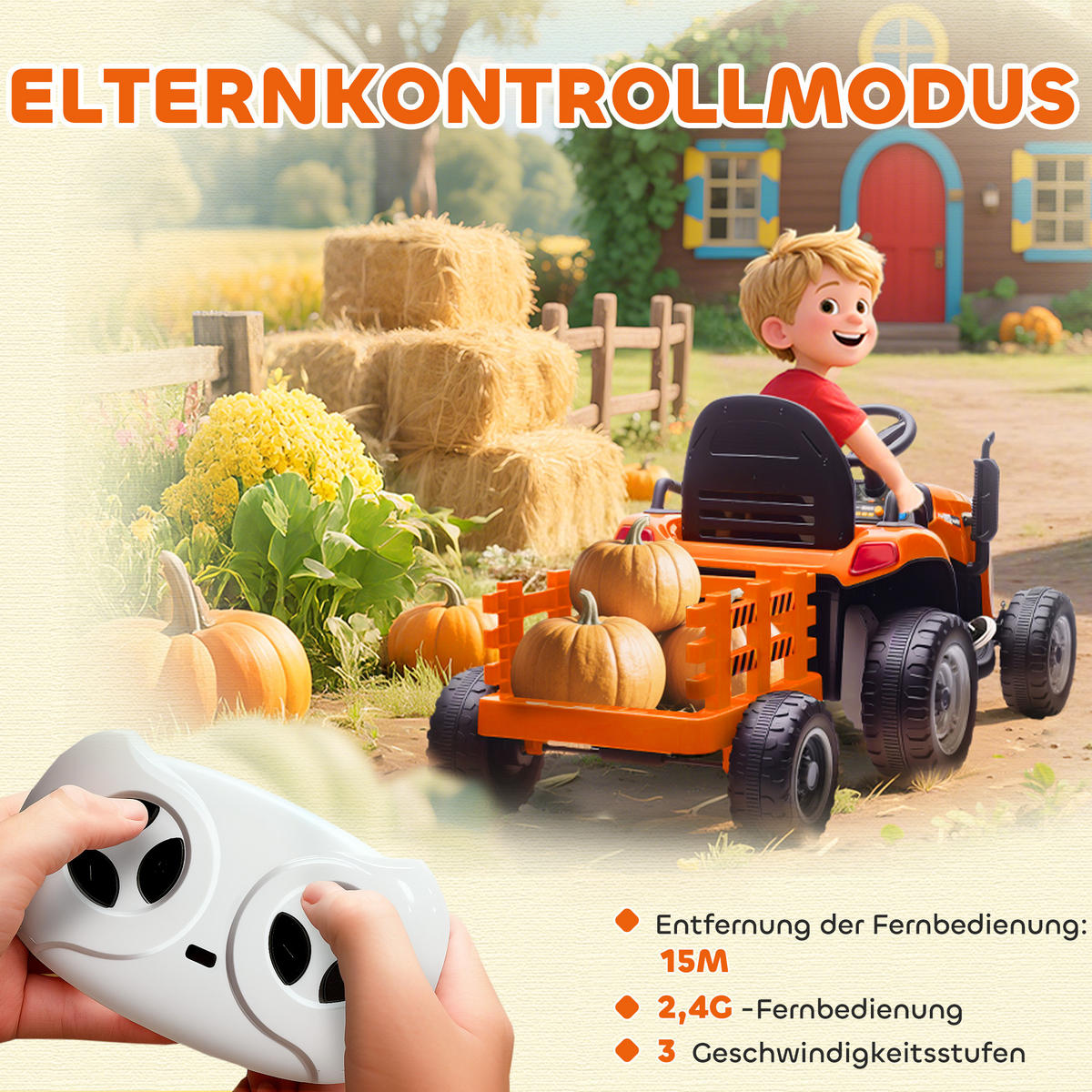 KINDER-ELEKTROAUTO 3-Gang mit Anhänger, 2 Motor, für 3-8 Jahre, Orange - Orange, Metall (139/58/55cm) - AIYAPLAY