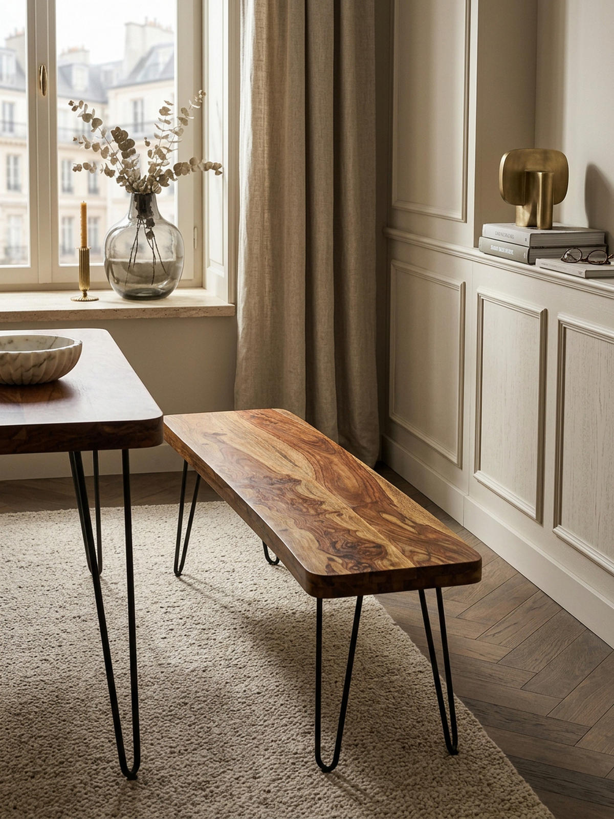 SITZBANK BALU Massivholz Metallbeine Landhausstil, Braun 120x40x45 cm - Schwarz/Braun, Holz/Metall (120/45/40cm) - KADIMA DESIGN