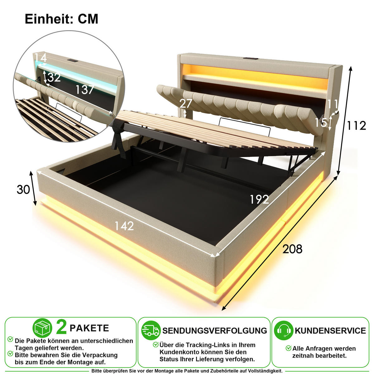 ČALÚNENÁ POSTEĽ 140 × 190 cm v béžovej farbe s úložným priestorom, LED a USB, z ľanu - béžová, kov/kompozitné drevo (140/190cm) - CHICFURN