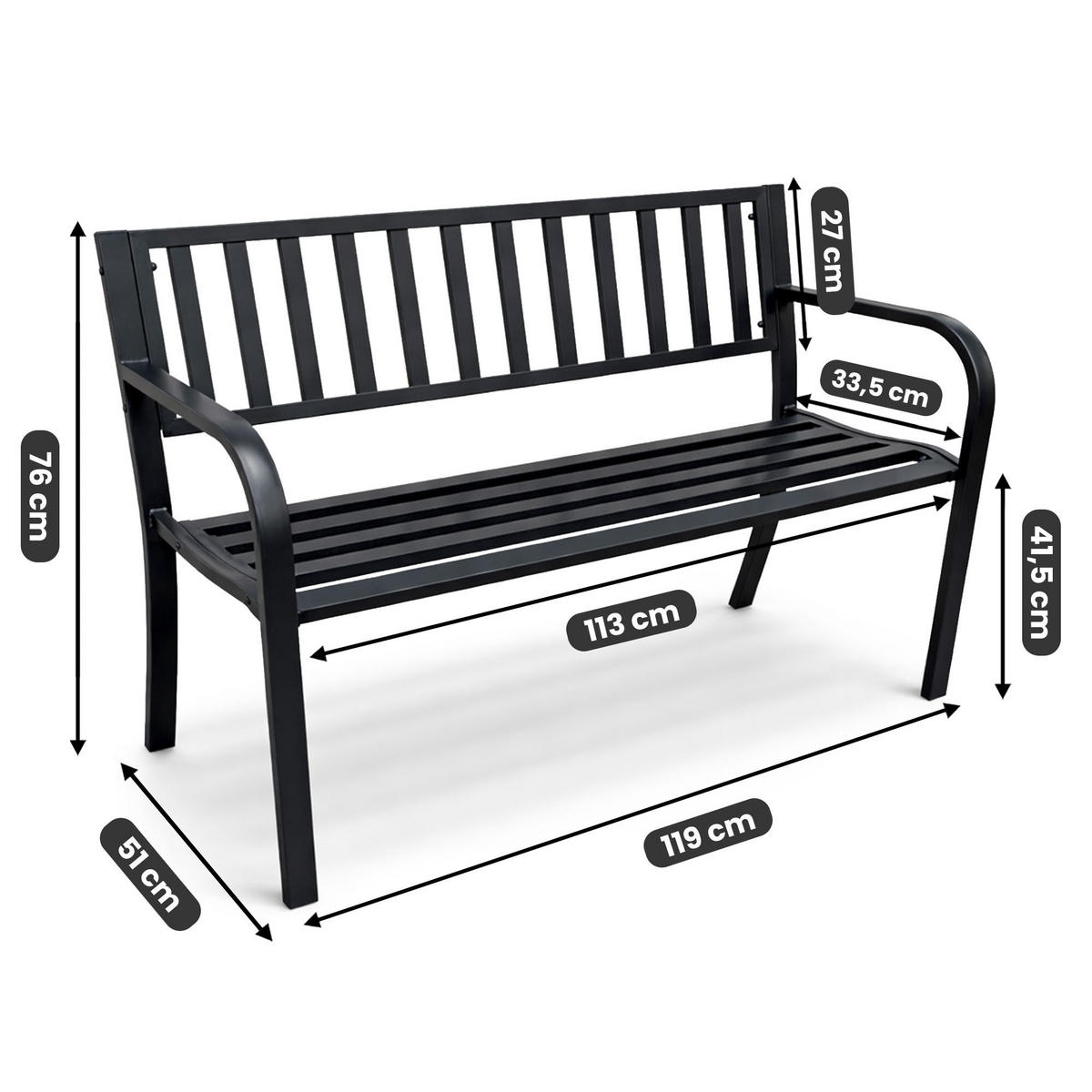 GARTENBANK LINEA Schwarz 119 x 76 x 51 cm - Schwarz, Metall (119/76/51cm) - Akord