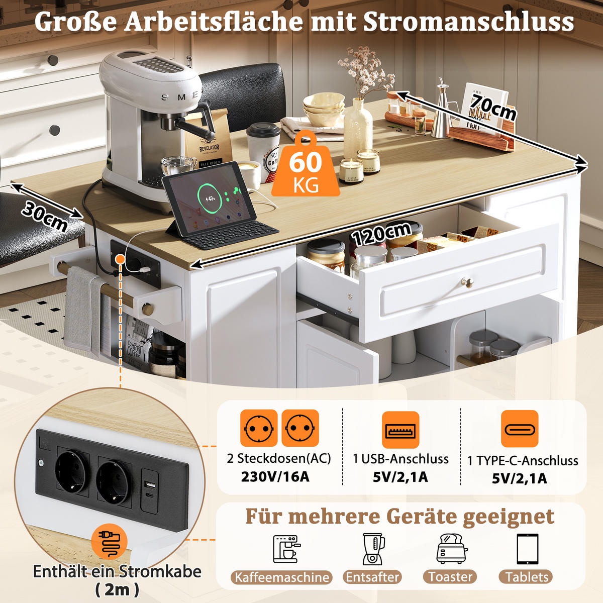 KÜCHENINSEL Mobile (132 cm) in Weiß/Natur mit Mülleimer-Auszug - Weiß, Holzwerkstoff (131.8/93.3/40cm) - Urban Meuble
