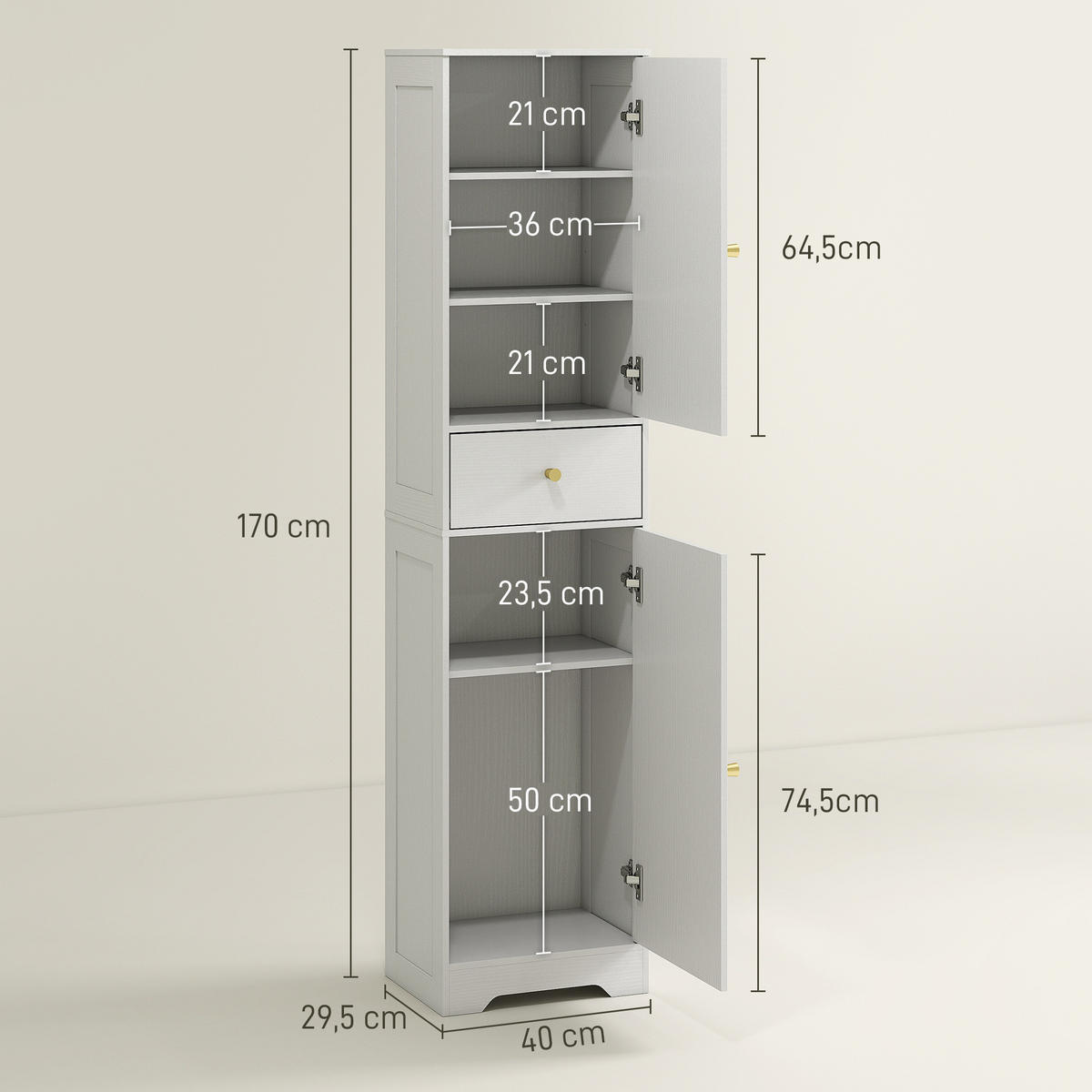 HOCHSCHRANK DE-12480 40/29,5/170 cm Weiß / Gold - Weiß, Holzwerkstoff (29.5/170/40cm) - ComfortXL