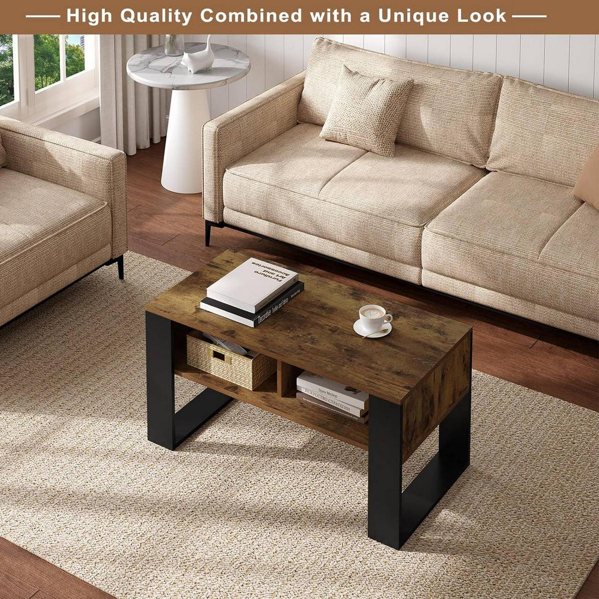 COUCHTISCH mit 2 offene Fächer, Holzoptik Vintage - Alteiche/Schwarz, Holzwerkstoff (45/90/45.5cm) - Woltu