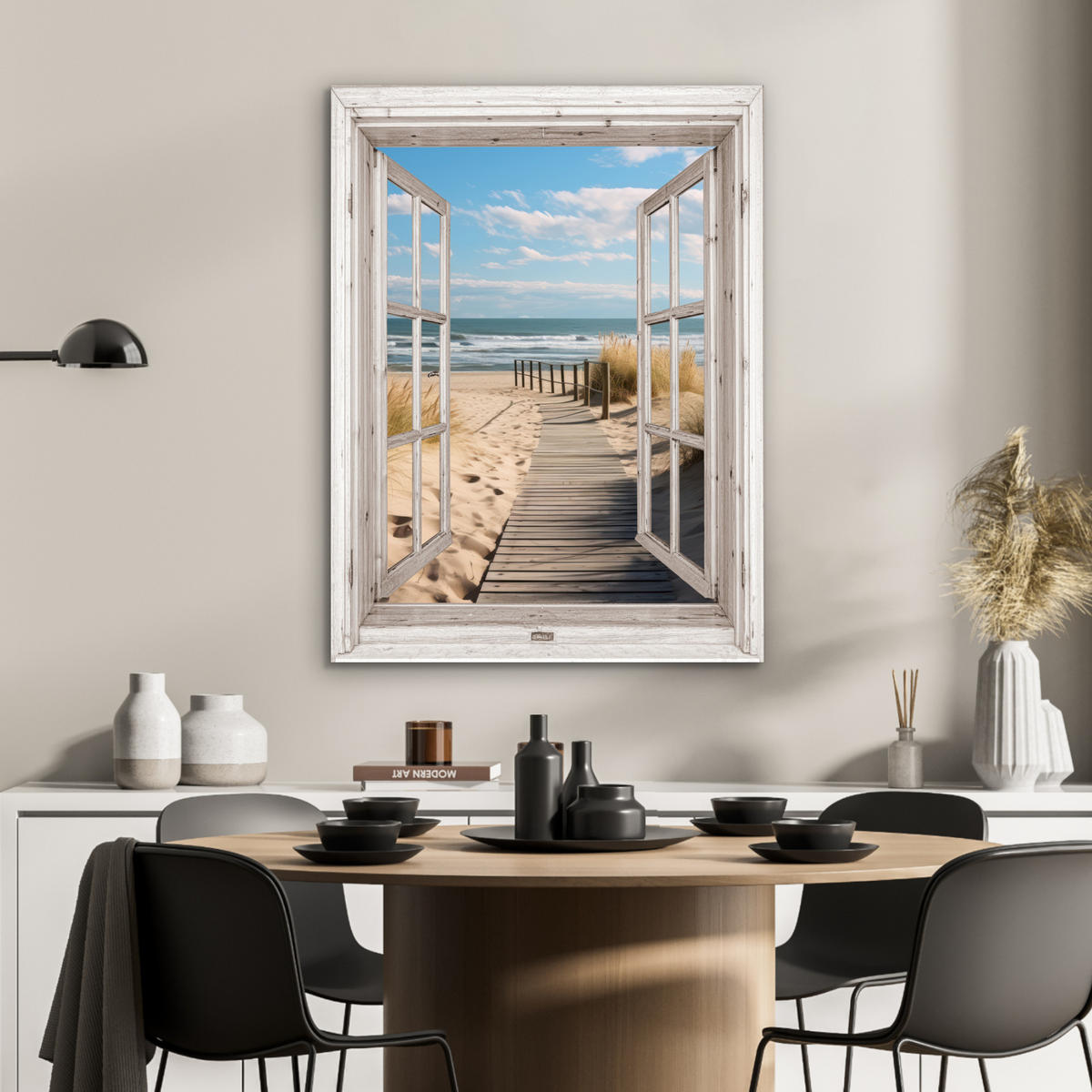 KOVOVÝ OBRAZ Okno - more - pobrežie - príroda - výhľad - pláž - Waddenské more 60x80 cm - béžová, kov (60/80cm) - MuchoWow
