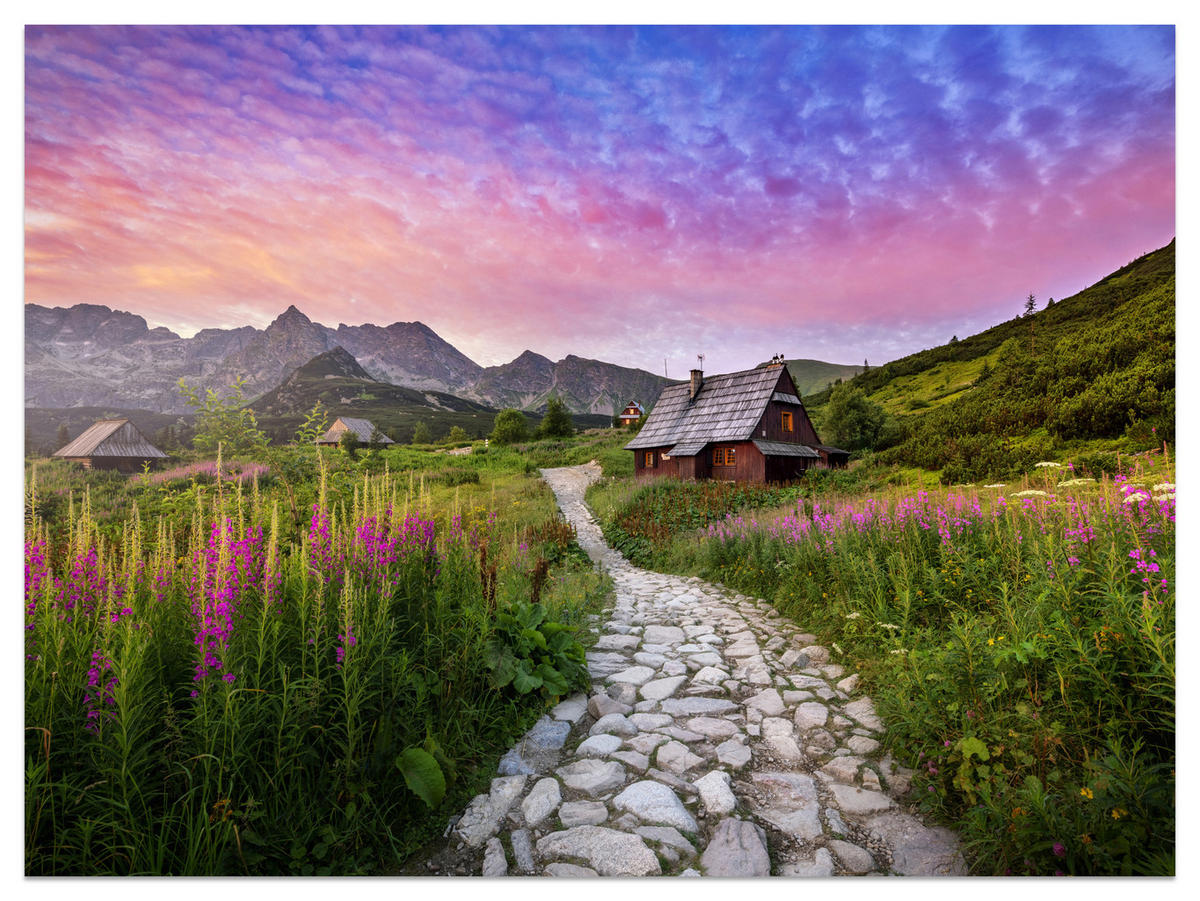 FOTOTAPETE für Schlafzimmer Berglandschaft Holzchalet Natur 150x105 - Beige/Violett, Papier (150/105cm) - Muralo