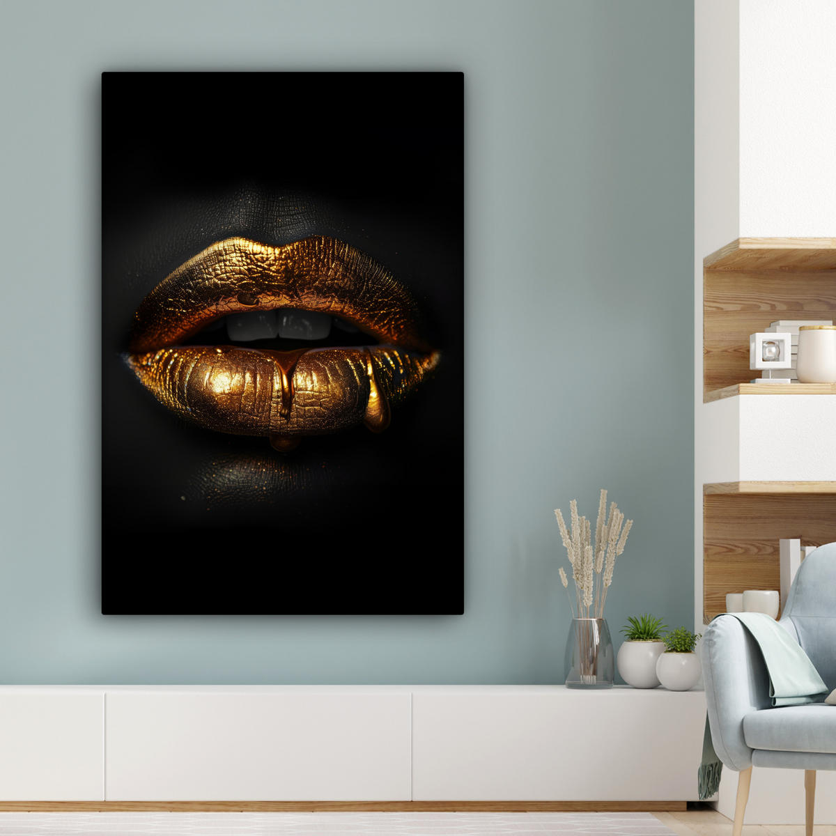 LEINWANDBILD Frau - Porträt - Lippen - Gold - Schwarz 90x140 cm - Schwarz, Textil (90/140cm) - MuchoWow