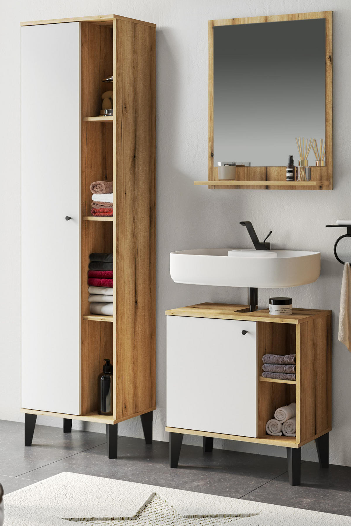 BADMÖBEL-SET 3-teilig weiß, Evoke Eiche, Badkombination 121 x 190 cm - Eichefarben/Schwarz, Glas/Holzwerkstoff (121/190/33cm) - Furn.Design