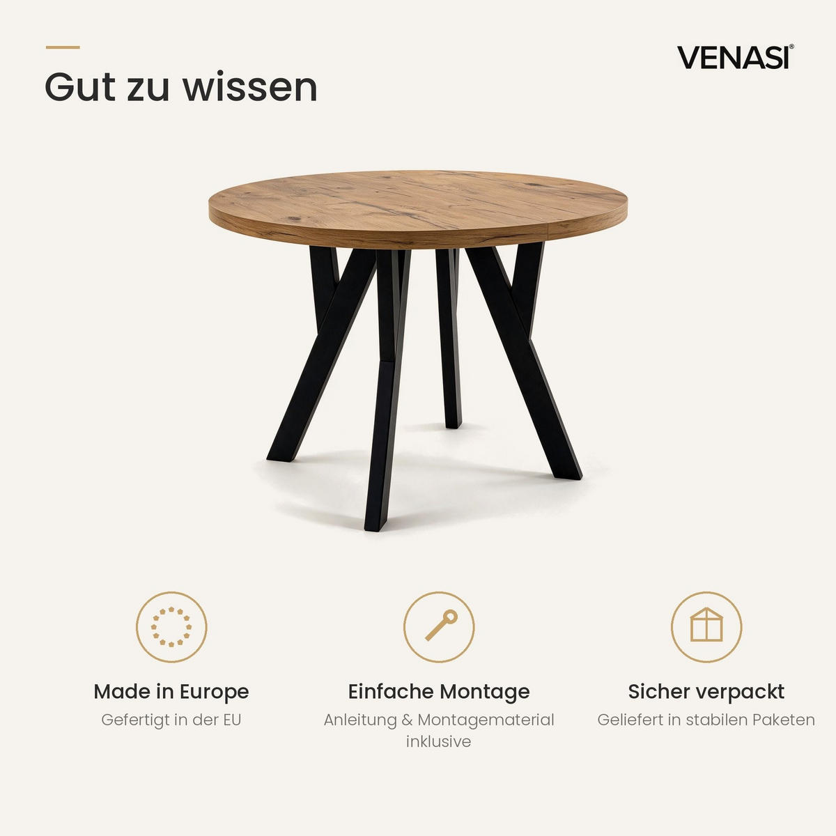 ESSTISCH ausziehbar rund 90-190 cm ATO Lancelot, Auszugstisch mit Einlegeplatte - Honigeiche/Schwarz, Holzwerkstoff (90/90/77cm) - VENASI MÖBEL