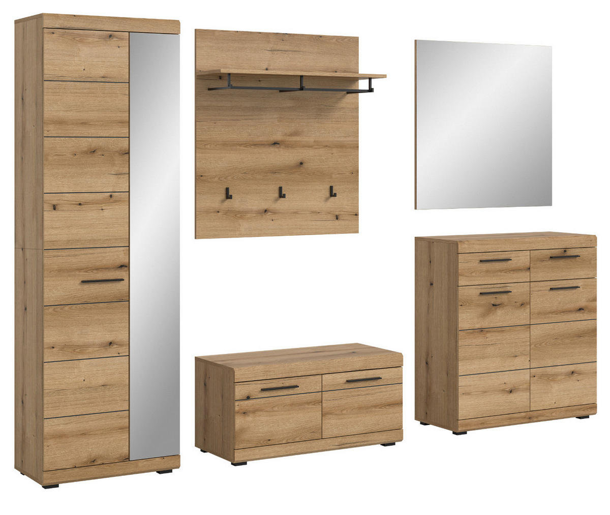 GARDEROBE Set 5-teilig Evoke Eiche 272 cm, Flurmöbel mit viel Stauraum - Eichefarben/Schwarz, Glas/Holzwerkstoff (272/197/40cm) - Inn.Furn