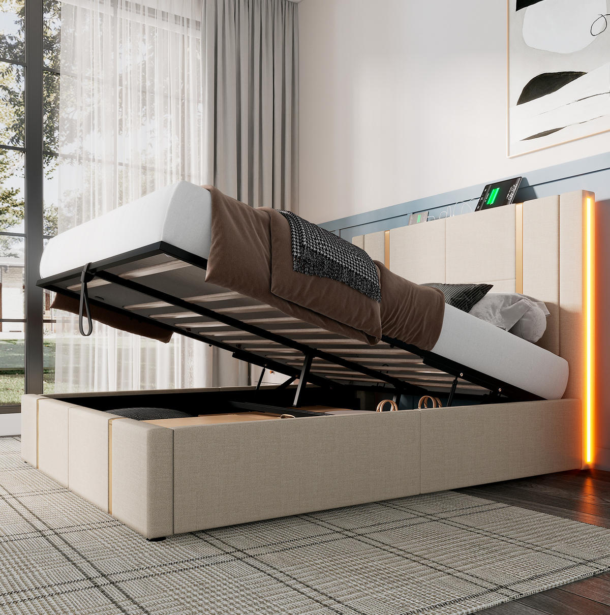 POLSTERBETT 140/200 cm mit Bettkasten, LED-Beleuchtung, USB-C und Matratze - Beige, Textil (140/200cm) - BEAOK