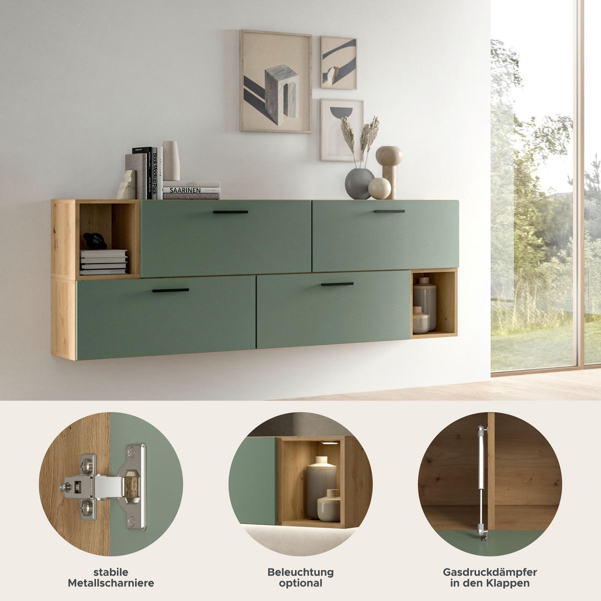 WOHNWAND Primo (B/H/T: ca. 176/97/34 cm) in Artisan Oak /Smoke Green - Eiche Artisan, Holzwerkstoff (176/97/34cm)