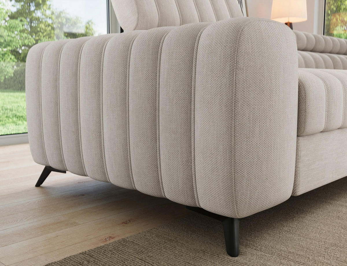 KANEDO Ecksofa mit Schlaffunktion und Bettkasten – Modernes Designsofa, verstellbare Kopfstützen, Metallfüße - Beige, Kunststoff (269/86cm) - Wohnideebilder