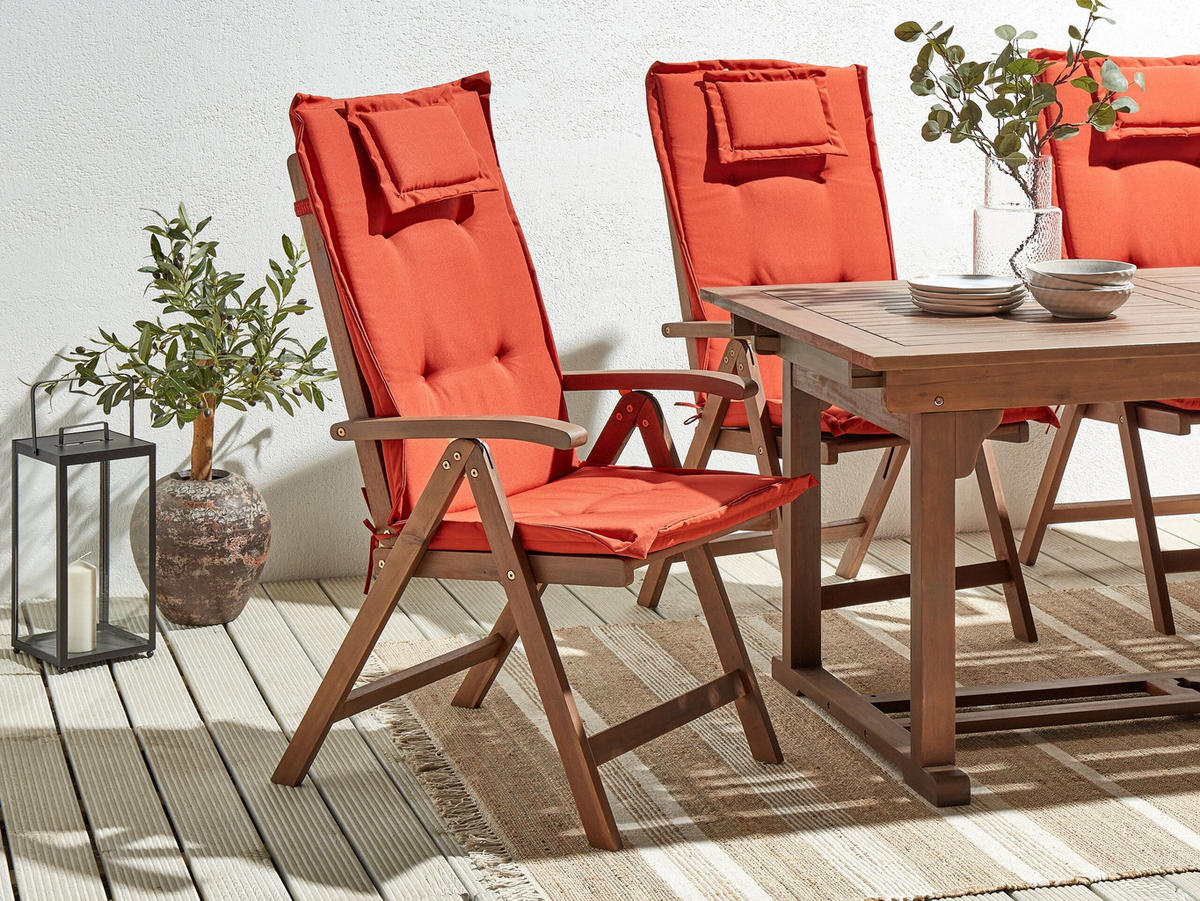 GARTENSTUHL 2er-SET Akazienholz dunkelbraun Auflagen rot Amantea - Dunkelbraun/Rot, Holz (54/105/69cm) - Beliani