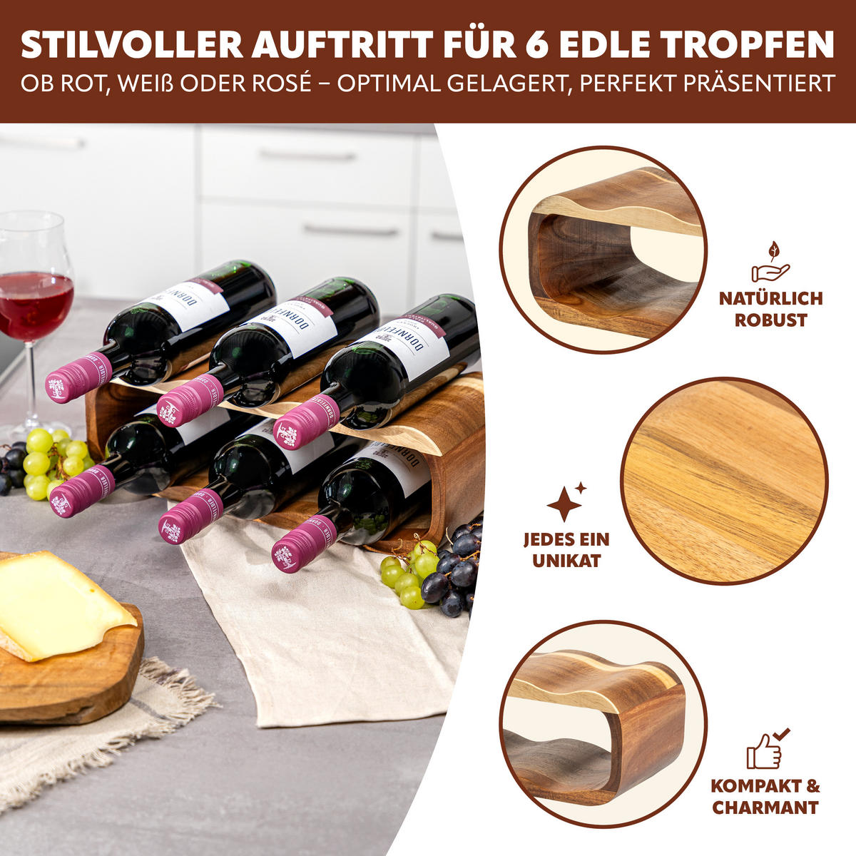 WEINREGAL, aus Akazienholz, braun - Akaziefarben, Holz (39/14.5/15cm) - eluno