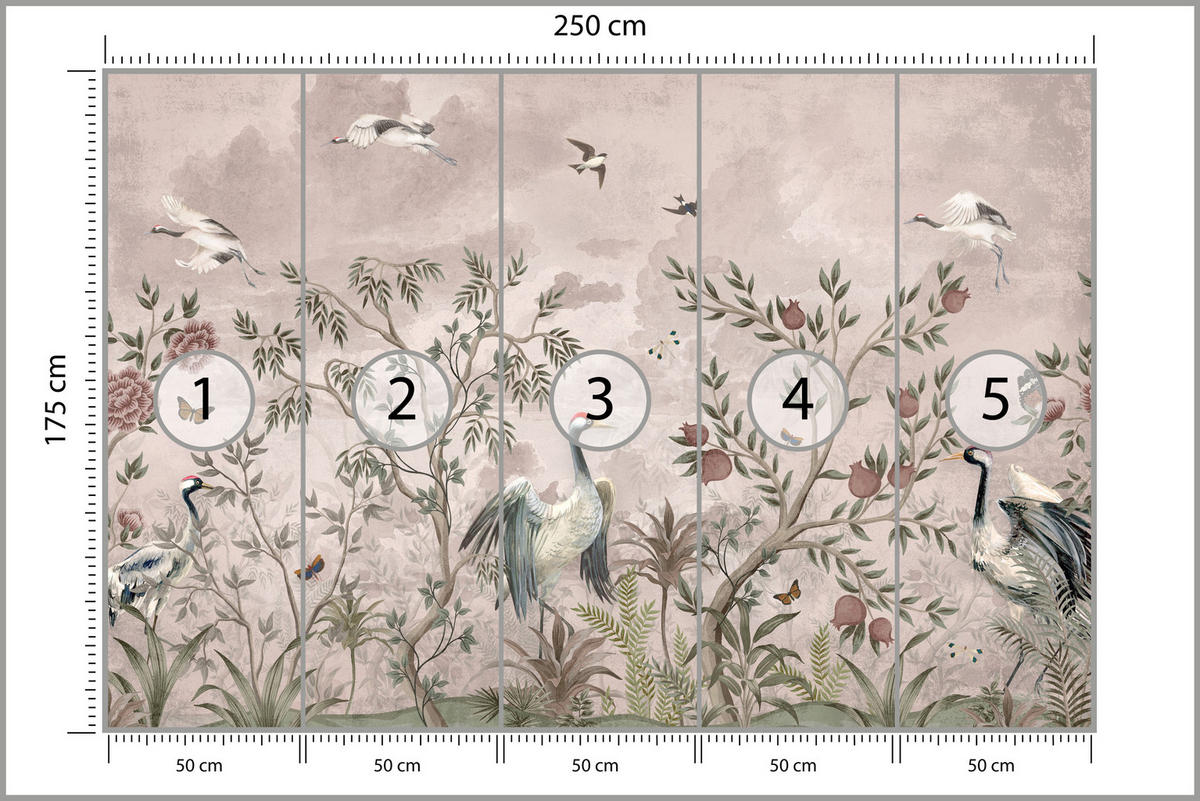 FOTOTAPETE für Schlafzimmer Kraniche Bäume Tropische Blumen Büsche 250x175 - Beige/Rot, Papier (250/175cm) - Muralo