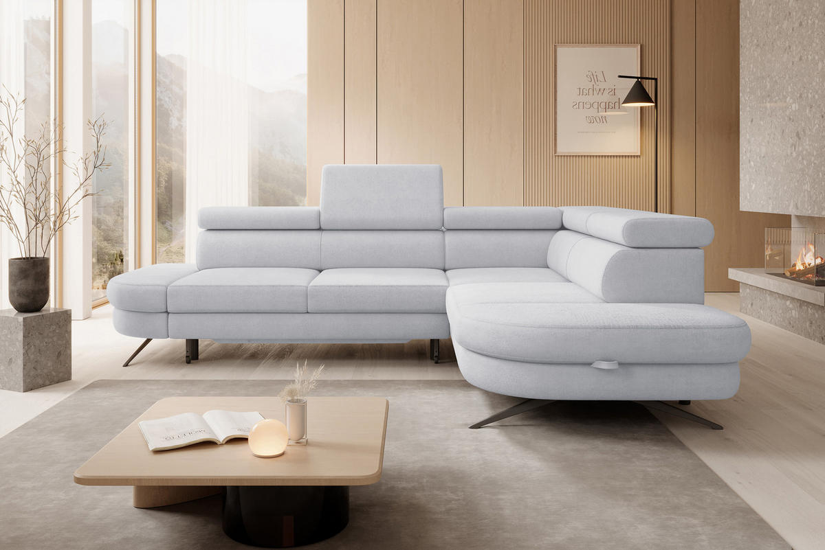 ECKSOFA OTIS L-förm, Schlaffunktion, verstellbare Kopfstützen, in AURORA-Stoff, lose Rückenkissen, freistehend, RECHTS 276x218x97 cm Stainless colour - Edelstahlfarben, Holz/Textil (276/218cm) - DomoHome