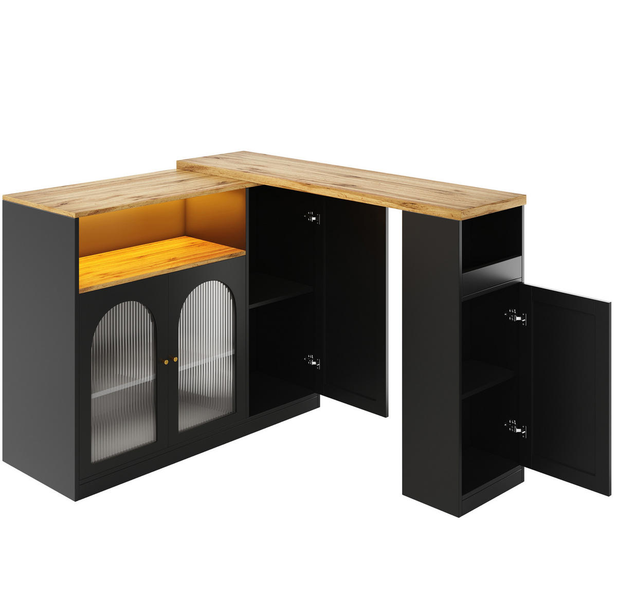 BARTISCH mit Stauraum 197/39,6/100 cm drehbar mit LED und Glasfront - Schwarz, Holzwerkstoff (108/39.6/97cm) - BEAOK