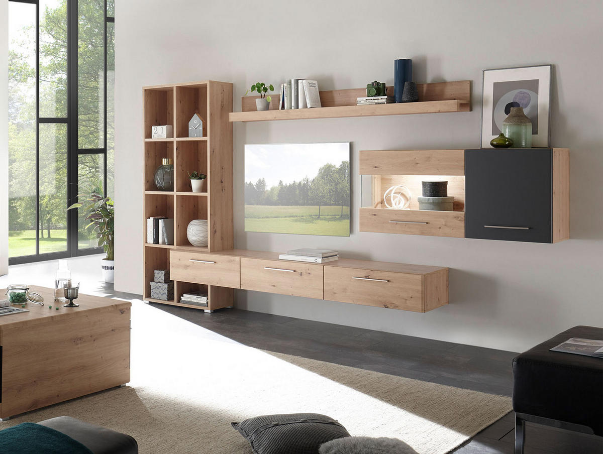 WOHNWAND Space Eiche Artisan / cosmos grey 3-teilig - Eichefarben/Multicolor, Holz/Holzwerkstoff (347/182/40cm) - Feldmann-Wohnen