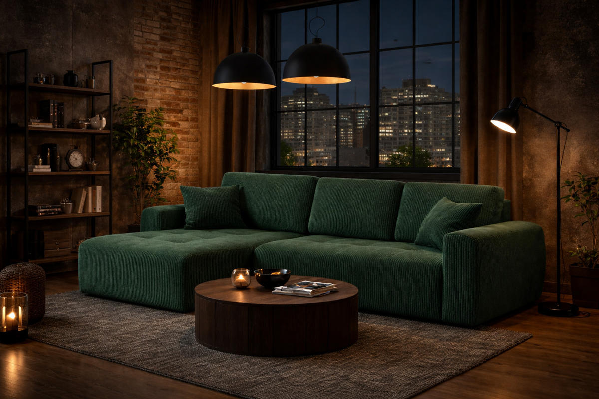 ECKSOFA Mit Schlaffunktion Und Bettkasten L-Form Ivo L, Cordstoff Poso, Grün, Links - Grün, Holz (250/142cm) - Kaiser Möbel