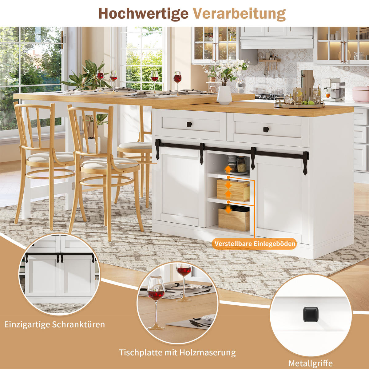 KÜCHENINSEL 360° Drehbar Ausziehbar Schiebetüren Weiß - Weiß, Metall (120/72/40cm) - FLIEKS