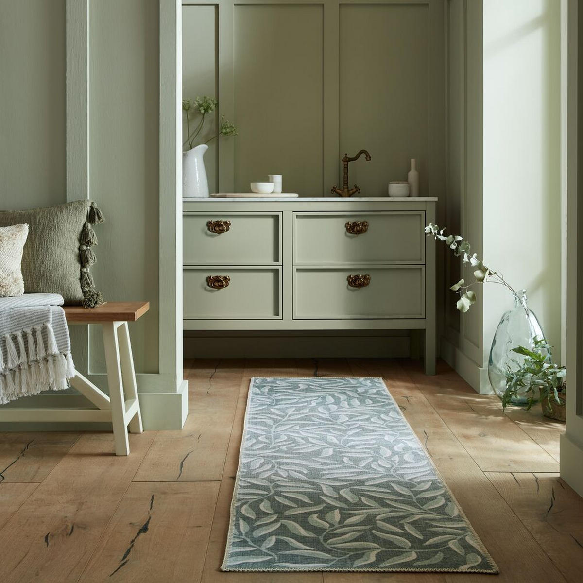 TEPPICH maschinenwaschbar Floral-Design, recycelt CLYDE, Grau-Grün 60x230 cm - Grau, Textil (60/230cm) - KADIMA DESIGN