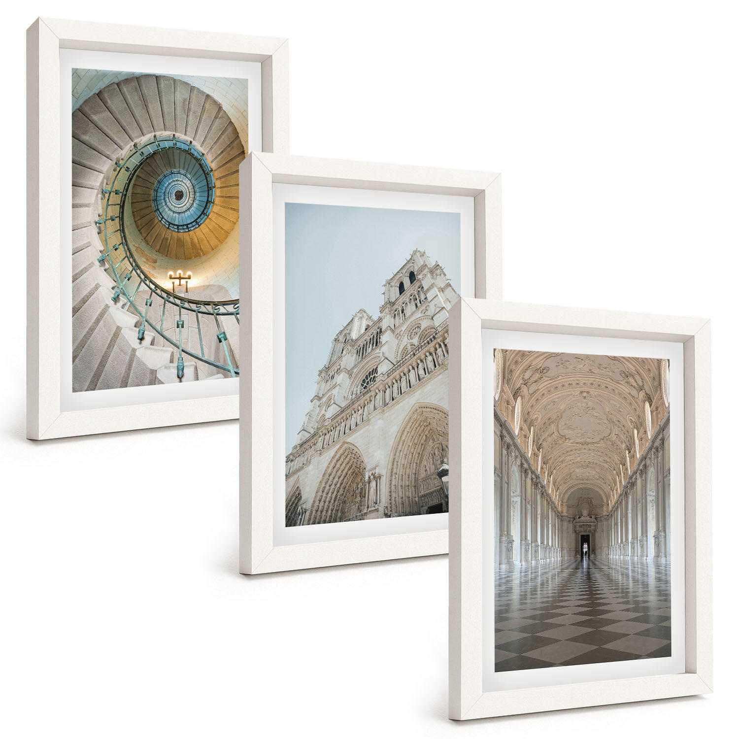 BILDER SET 3er Set - 20x30 cm Weißer Rahmen - Wendeltreppe der Kathedralenfassade - Weiß, Kunststoff (20/30cm) - TULUP