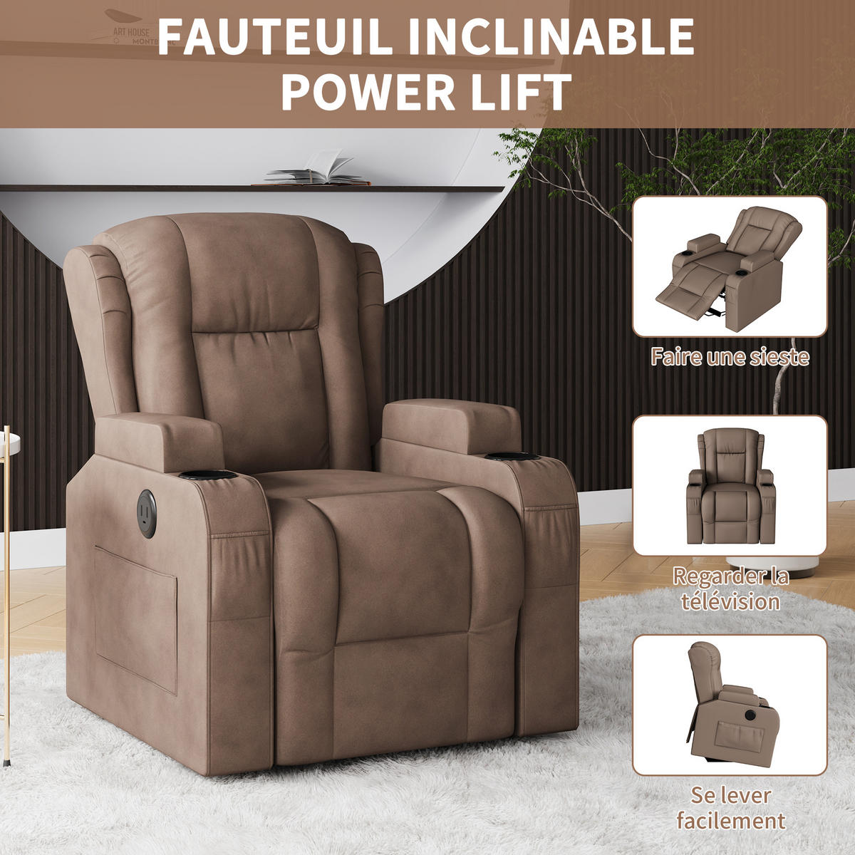MASSAGESSESSEL elektrisch MIT GETRÄNKEHALTER - Braun, Metall (102/105/93cm) - SHOPENTRA