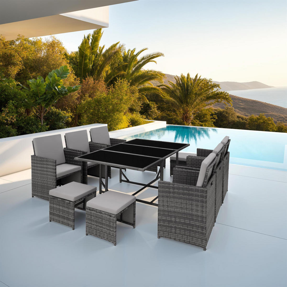 RATTAN SITZGRUPPE Malaga,zusammenschiebbar, inklusive Schutzhülle,grau - Grau, Kunststoff - tectake