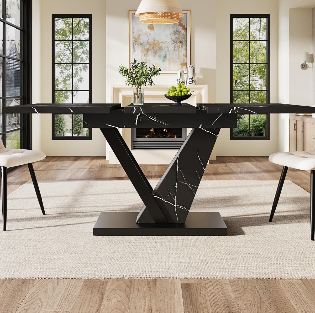 ESSTISCH ausziehbar, MDF mit Marmormuster & Metallgestell, 120-160/75/75,5 cm, Schwarz - Schwarz, Holzwerkstoff (120/75/75.5cm) - Redom