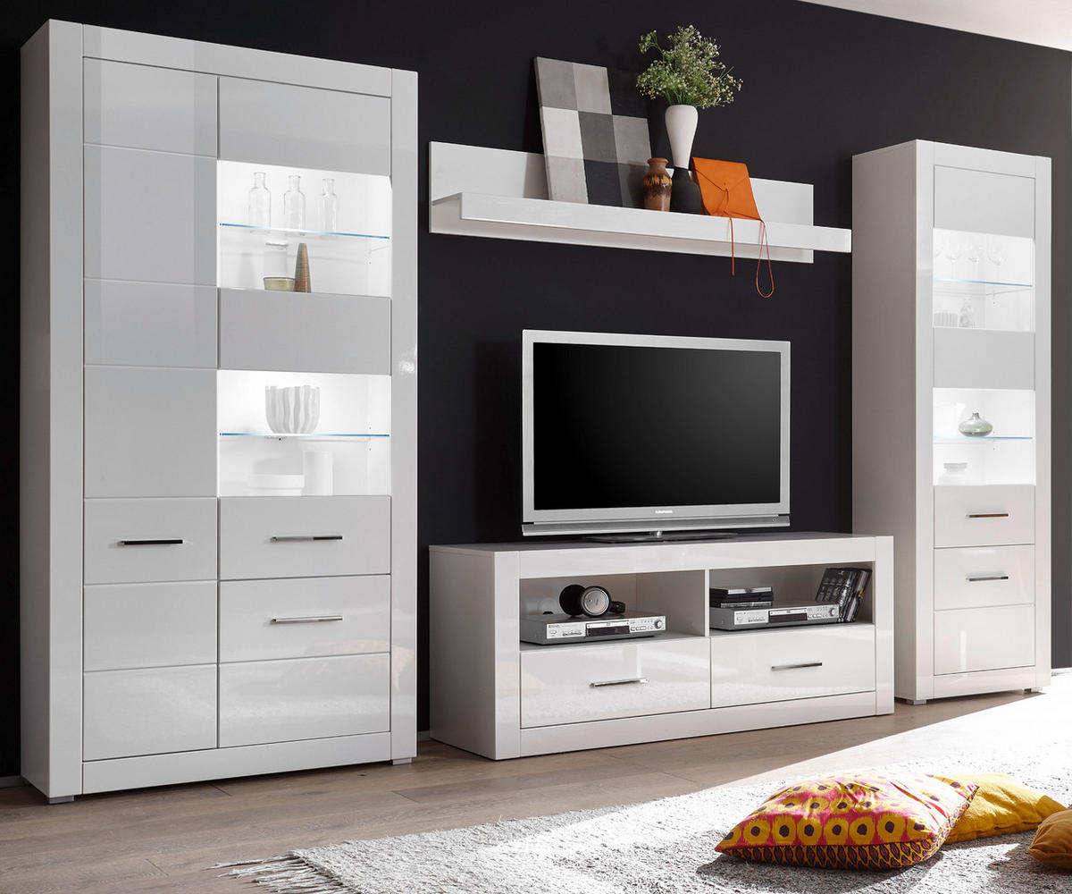 WOHNWAND weiß Hochglanz, Wohnkombination 4-teilig 335 x 198 cm - Chromfarben/Weiß Hochglanz, Glas/Holzwerkstoff (335/198/45cm) - Furn.Design