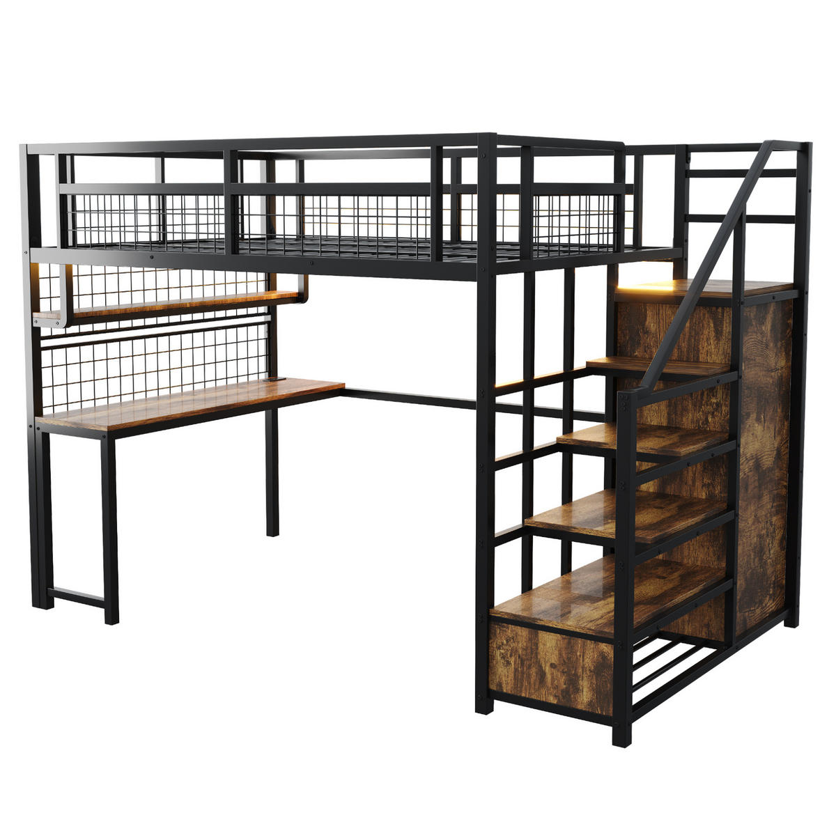 HOCHBETT 140/200 cm aus Metall und MDF mit Schreibtisch, Stauraumtreppe und Kleiderschrank Schwarz - Schwarz, Metall (140/200cm) - Modenvie