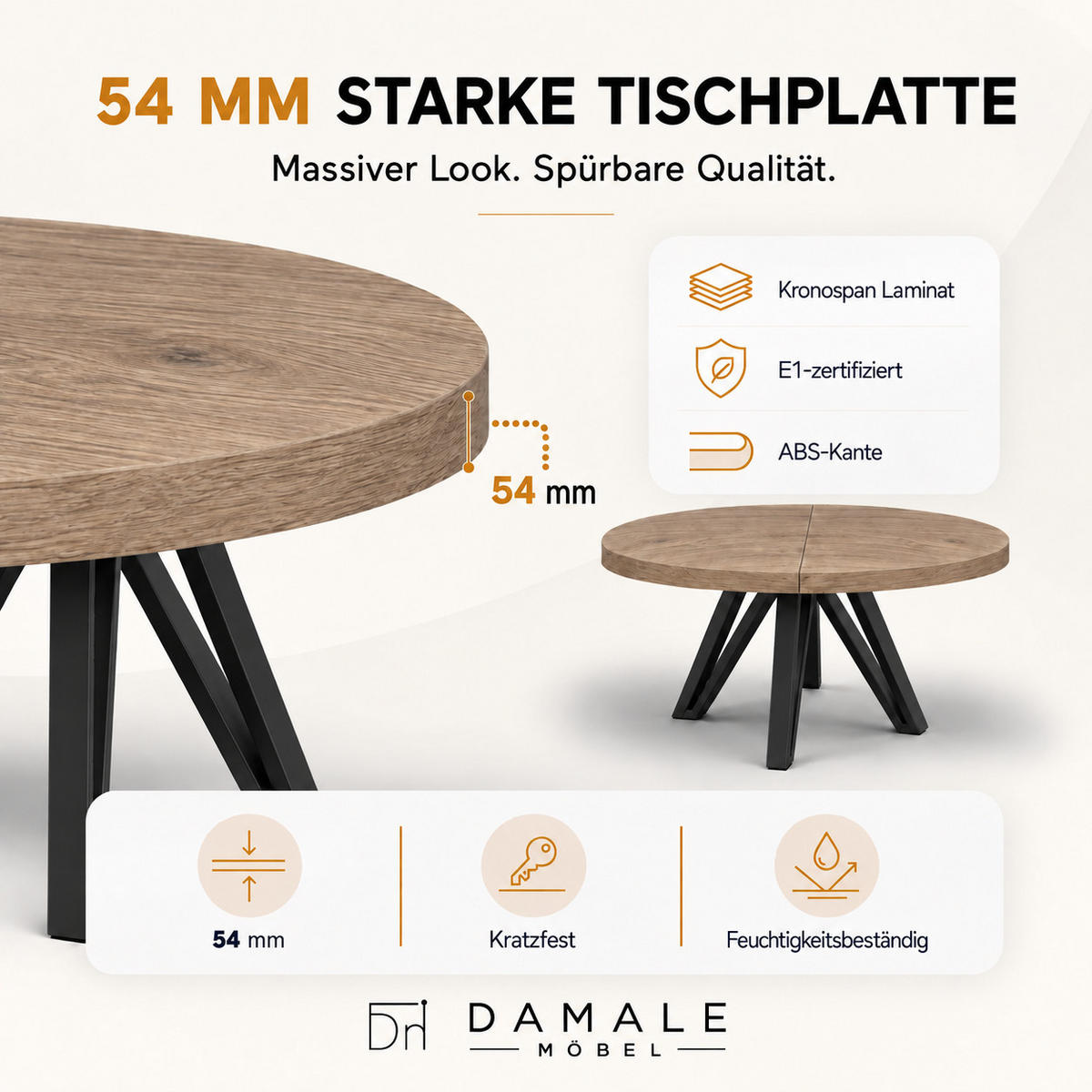ESSTISCH rund ausziehbar 90/190/76 cm, Graubraun Eiche Halifax Egger, 54 cm Tischplatte + Industrial Metallgestell Schwarz - Eichefarben/Graubraun, Holzwerkstoff/Metall (90/190/76cm) - Damale Möbel