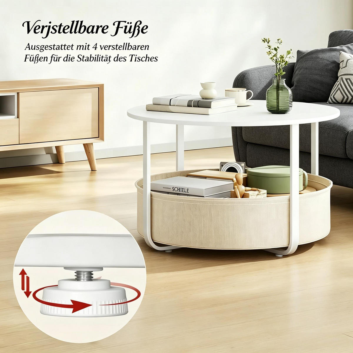 COUCHTISCH DE-37243 rund mit Leinwandkorb Weiß - Weiß, Metall (80/80/50cm) - ComfortXL