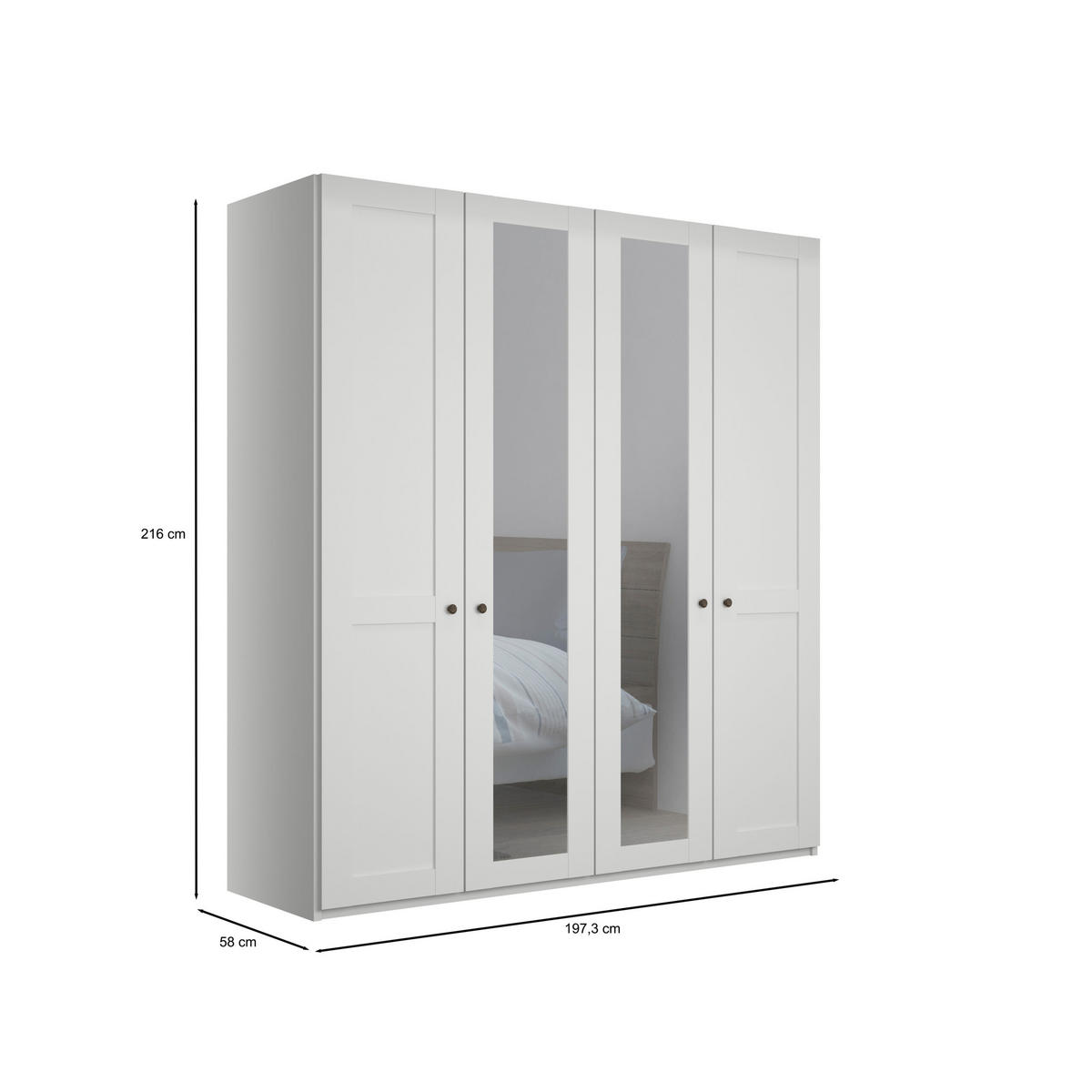 SCHLAFZIMMER Greenholm in Weiß 4 teilig mit Kleiderschrank 200cm Breite mit Spiegel, Doppelbett 180x200cm, zwei Nachttisch - Weiß, Holzwerkstoff (80/200/120cm)