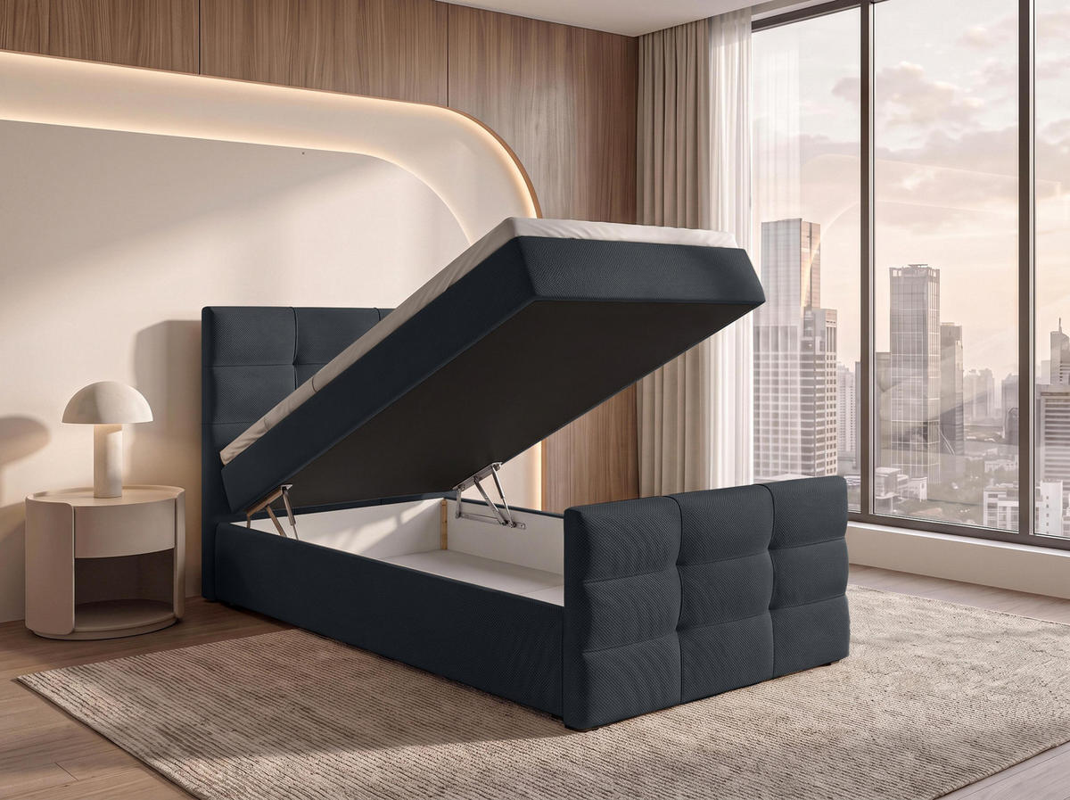BOXBETT DEFNE 100x200 cm mit Fußteil und Matratze - Schwarz + TOPPER - Schwarz, Holz/Holzwerkstoff (100/200cm) - AX Living