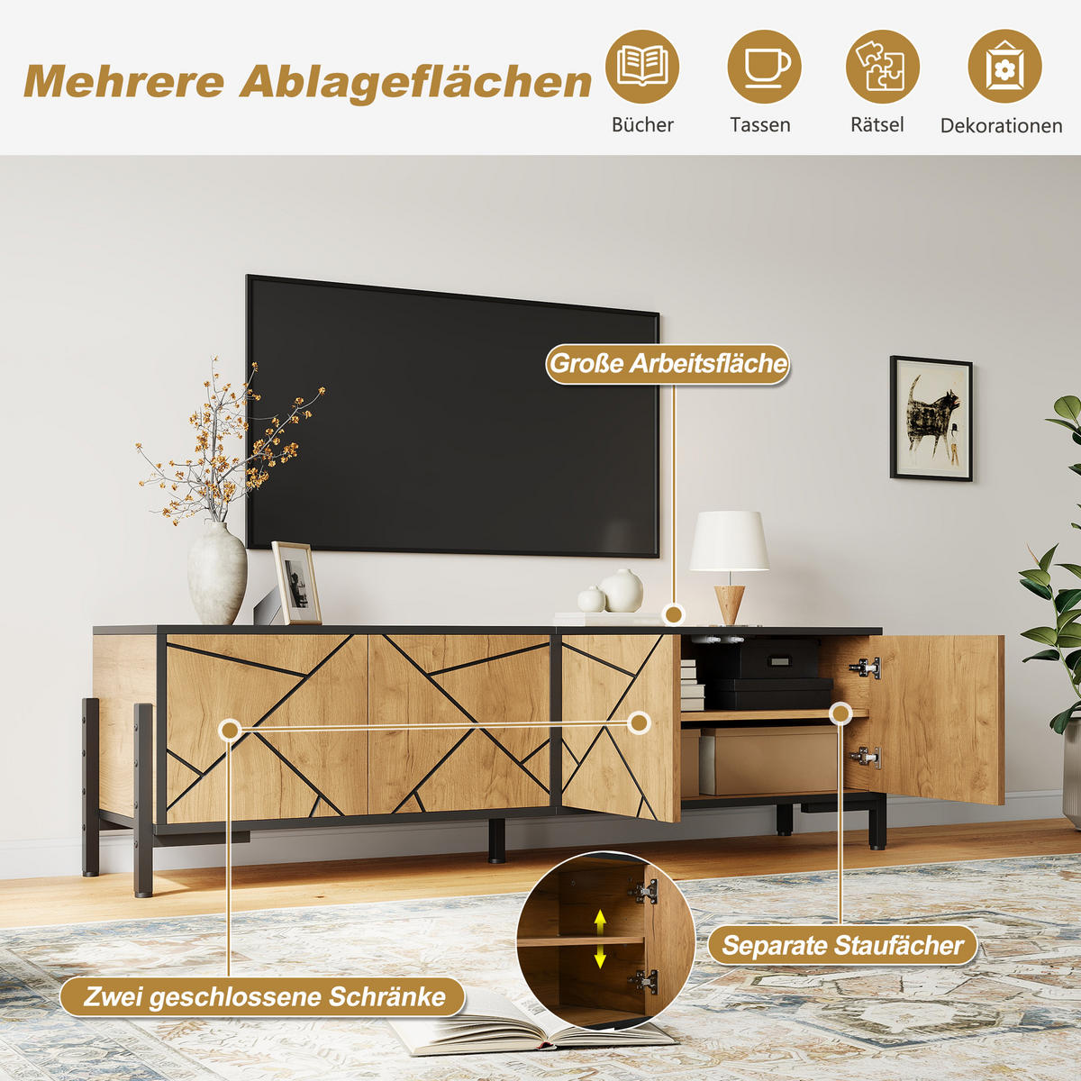 TV-LOWBOARD 153x40x50 cm Holz Schwarz 4 Türen Geometrisches Design - Naturfarben, Holzwerkstoff (40/50/153cm) - FLIEKS