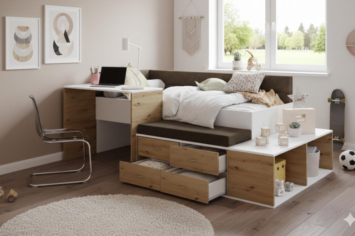 JUGENDBETT AMI 90/200 cm in Weiß/Eiche Artisan - Eichefarben/Weiß, Holzwerkstoff/Textil (90/200cm) - Deine Möbel 24