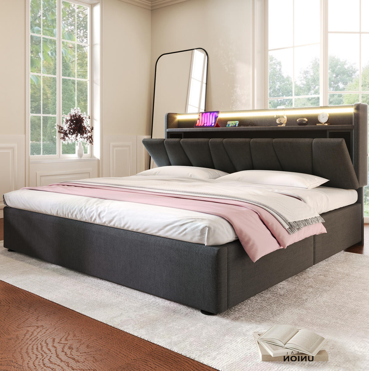 POLSTERBETT 160/200 cm mit Stauraum-Kopfteil, Steckdosen & USB/Type-C, RGBW LED, grau - Grau, Textil (160/200cm) - Redom