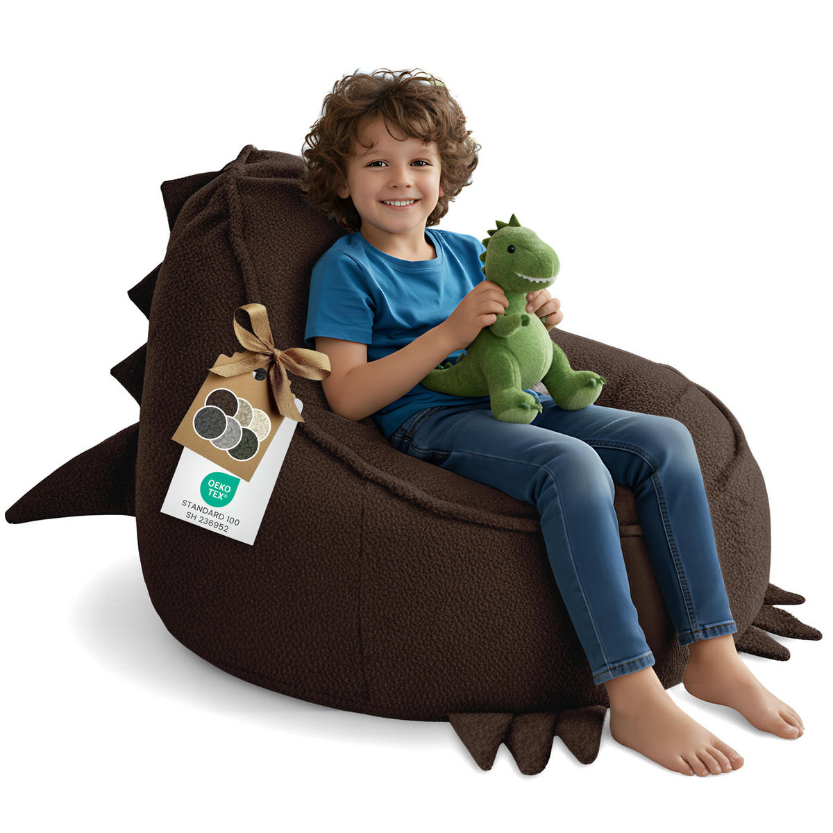 SITZSACK FÜR KINDER Dino 75/75/55 cm, weicher Bouclé 315 g/m², abnehmbarer Bezug, Cocoa Brown - Dunkelbraun, Textil (75/55/75cm) - Dreamroots