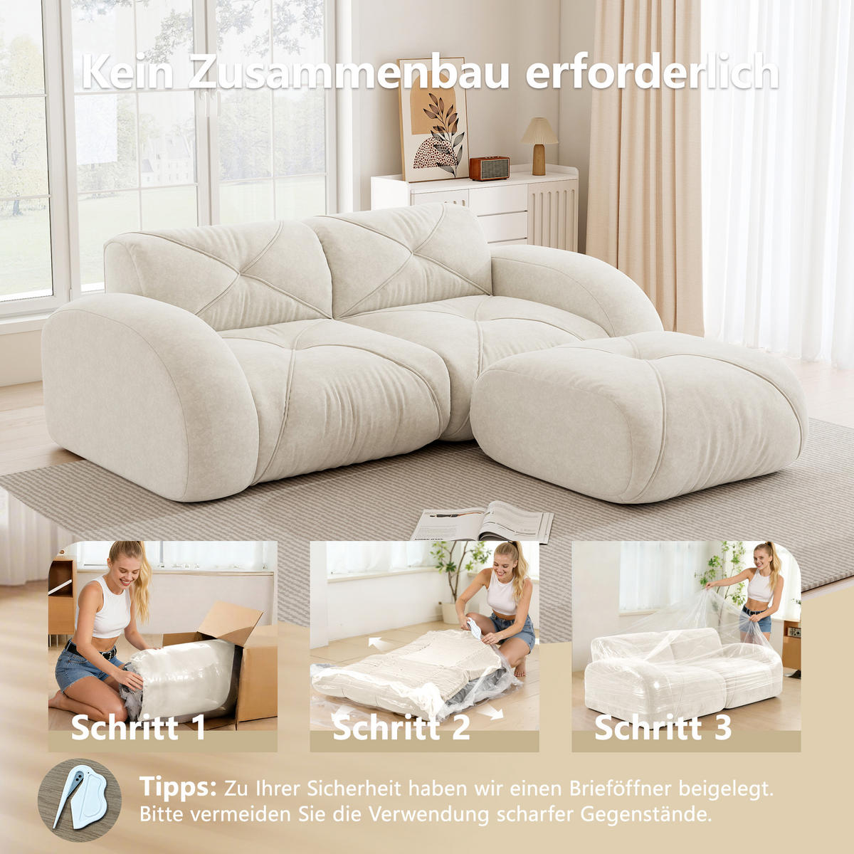 2-SITZER ECKSOFA Chenille Hellbeige mit Hocker - Weiß, Textil (204/171cm) - WISHDOR