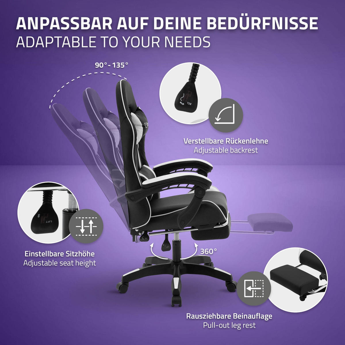 GAMING STUHL Schwarz-Weiß aus Kunstleder - Schwarz/Weiß, Kunststoff/Metall (62/119/62cm) - ML-DESIGN